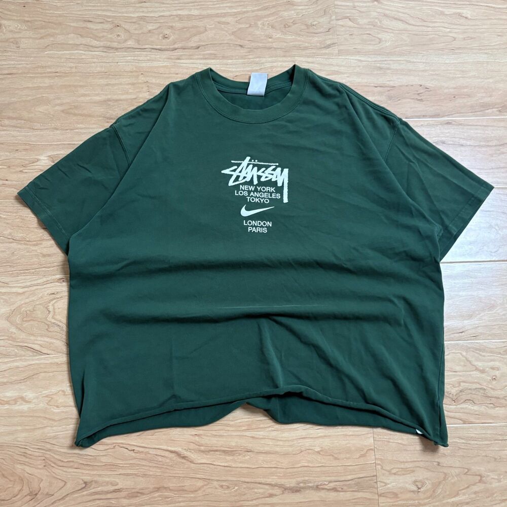 Nike Stussy Green World Tour Graphic T Shirt XL White Center Logo Short Sleeve